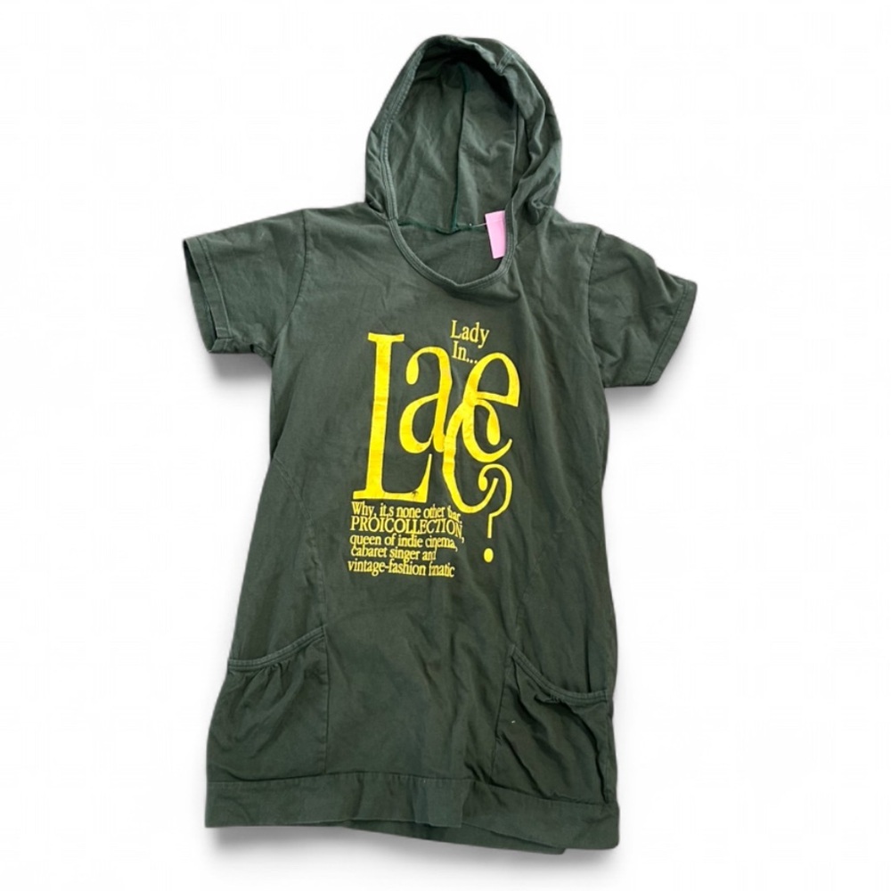 Hooded Tee Dress with Yellow Graphic - Olive Green